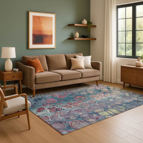 8' X 10' Teal Plum And Beige Abstract Washable Area Rug With UV Protection
