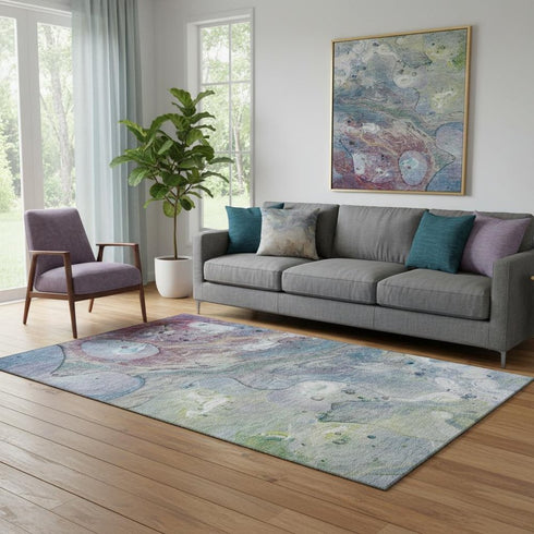 5' X 8' Blue Purple And Green Abstract Washable Area Rug With UV Protection