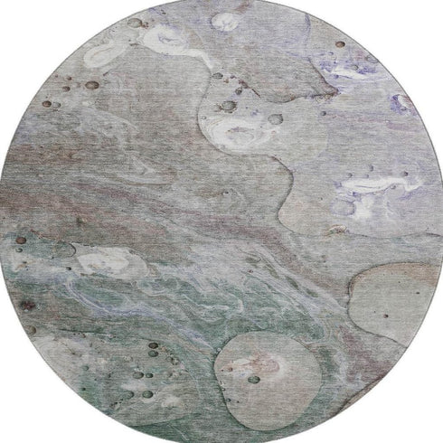 8' Khaki Beige And Purple Abstract Washable Round Rug With UV Protection