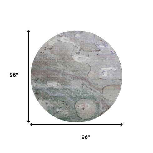 8' Khaki Beige And Purple Abstract Washable Round Rug With UV Protection