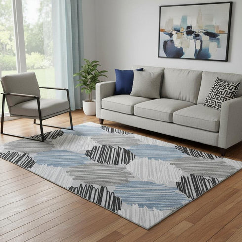 5' X 8' Blue Ivory And Gray Geometric Washable Area Rug With UV Protection