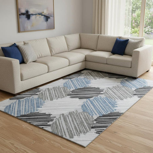 8' X 10' Blue Ivory And Gray Geometric Washable Area Rug With UV Protection