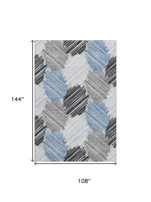 9' X 12' Blue Ivory And Gray Geometric Washable Area Rug With UV Protection