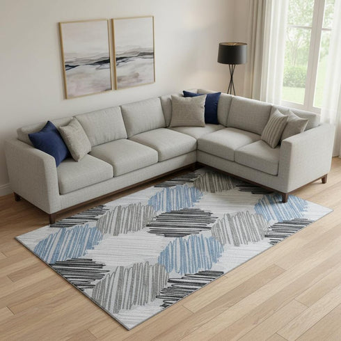9' X 12' Blue Ivory And Gray Geometric Washable Area Rug With UV Protection