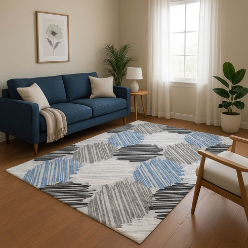 9' X 12' Blue Ivory And Gray Geometric Washable Area Rug With UV Protection