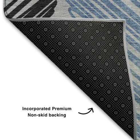 9' X 12' Blue Ivory And Gray Geometric Washable Area Rug With UV Protection