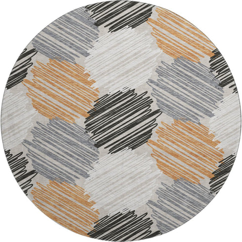 8' Copper Ivory And Gray Geometric Washable Round Rug With UV Protection