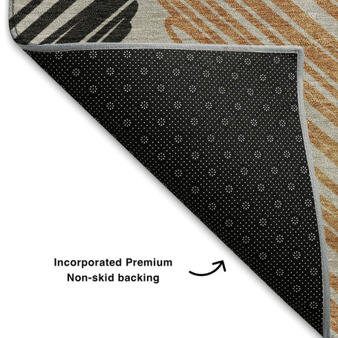 8' Copper Ivory And Gray Geometric Washable Round Rug With UV Protection