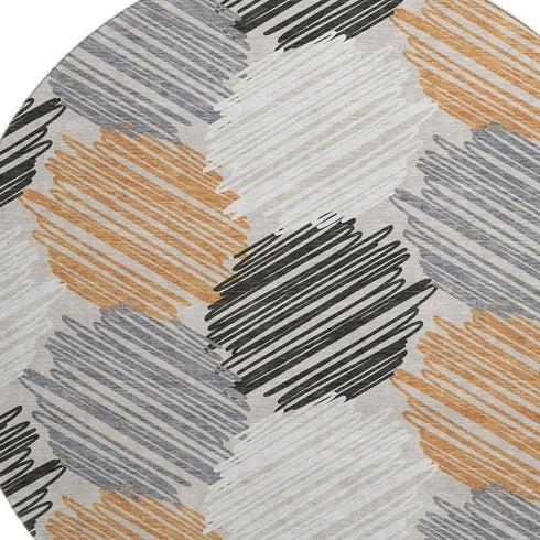8' Copper Ivory And Gray Geometric Washable Round Rug With UV Protection