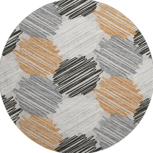 8' Copper Ivory And Gray Geometric Washable Round Rug With UV Protection