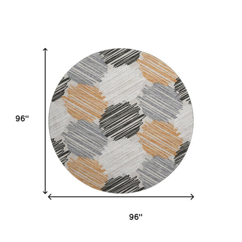 8' Copper Ivory And Gray Geometric Washable Round Rug With UV Protection