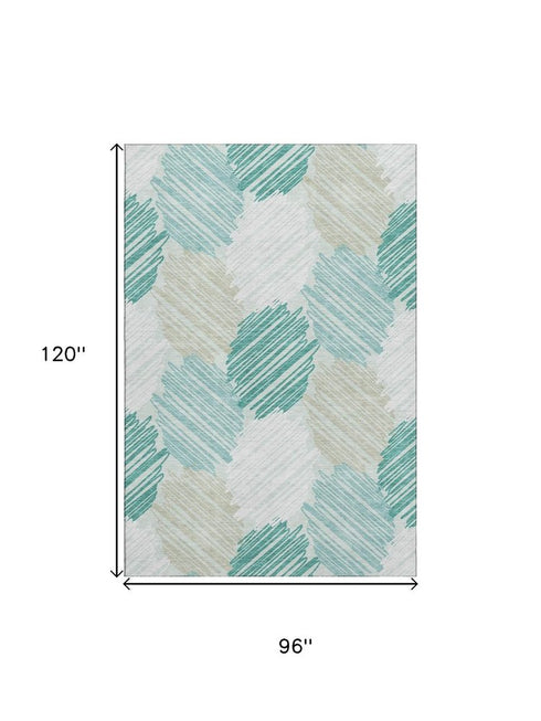 8' X 10' Teal Ivory And Gray Geometric Washable Area Rug With UV Protection