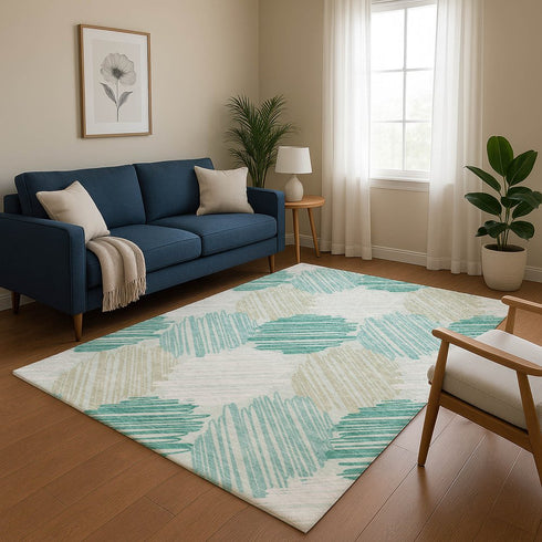 8' X 10' Teal Ivory And Gray Geometric Washable Area Rug With UV Protection