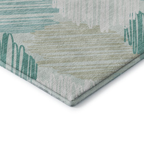 8' X 10' Teal Ivory And Gray Geometric Washable Area Rug With UV Protection