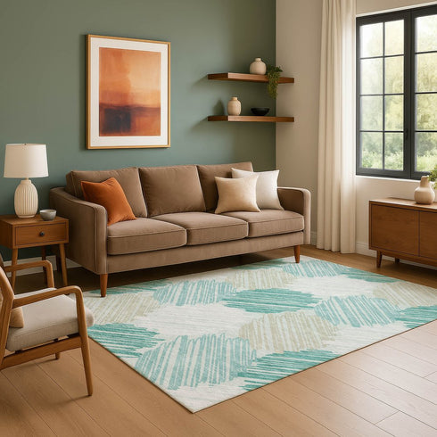 8' X 10' Teal Ivory And Gray Geometric Washable Area Rug With UV Protection