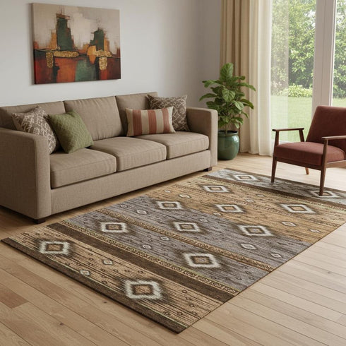 5' X 8' Chocolate And Gray Tribal Washable Area Rug With UV Protection