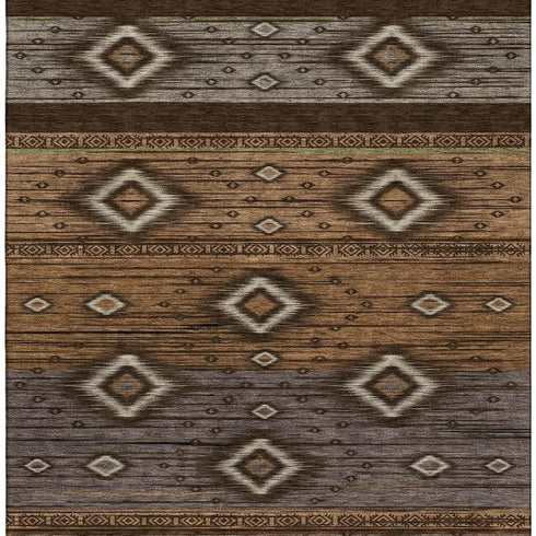 5' X 8' Chocolate And Gray Tribal Washable Area Rug With UV Protection