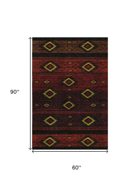 5' X 8' Red Black And Gold Tribal Washable Area Rug With UV Protection