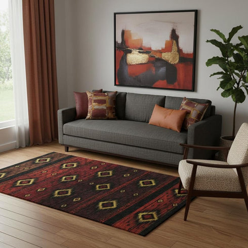 5' X 8' Red Black And Gold Tribal Washable Area Rug With UV Protection