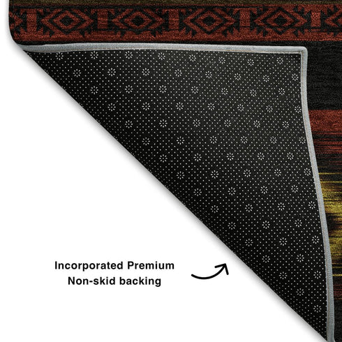 5' X 8' Red Black And Gold Tribal Washable Area Rug With UV Protection