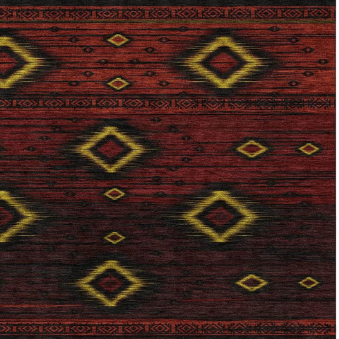 5' X 8' Red Black And Gold Tribal Washable Area Rug With UV Protection