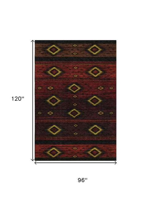 8' X 10' Red Black And Gold Tribal Washable Area Rug With UV Protection
