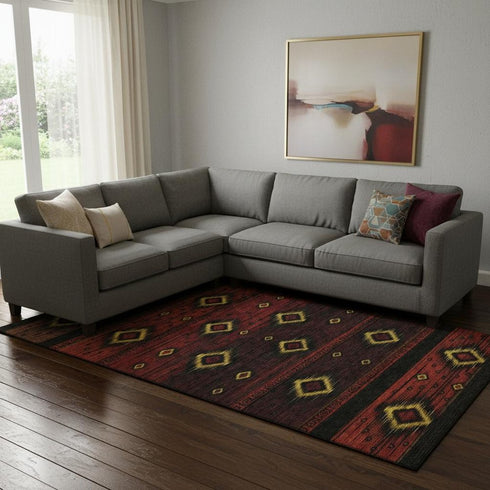 8' X 10' Red Black And Gold Tribal Washable Area Rug With UV Protection