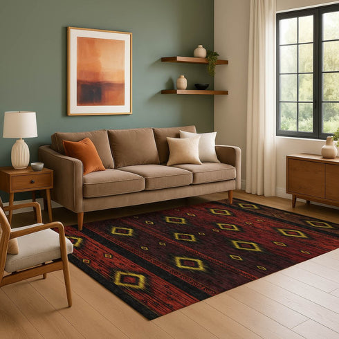 8' X 10' Red Black And Gold Tribal Washable Area Rug With UV Protection