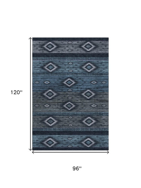 8' X 10' Teal And Gray Tribal Washable Area Rug With UV Protection