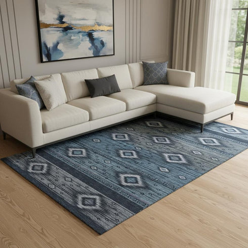 8' X 10' Teal And Gray Tribal Washable Area Rug With UV Protection