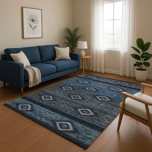 8' X 10' Teal And Gray Tribal Washable Area Rug With UV Protection