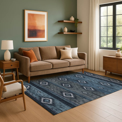 8' X 10' Teal And Gray Tribal Washable Area Rug With UV Protection