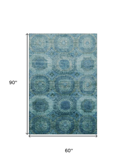5' X 8' Blue And Sky Blue Abstract Geometric Washable Area Rug With UV Protection