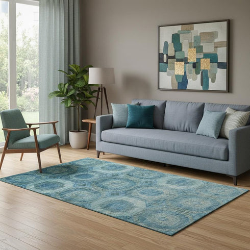5' X 8' Blue And Sky Blue Abstract Geometric Washable Area Rug With UV Protection