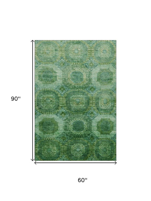 5' X 8' Emerald And Green Abstract Geometric Washable Area Rug With UV Protection