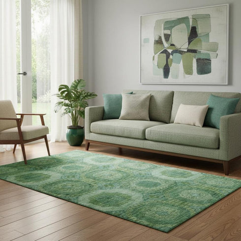 5' X 8' Emerald And Green Abstract Geometric Washable Area Rug With UV Protection