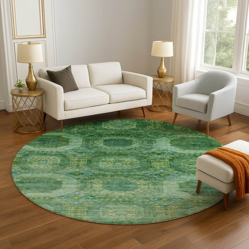 8' Emerald And Green Abstract Geometric Washable Round Rug With UV Protection