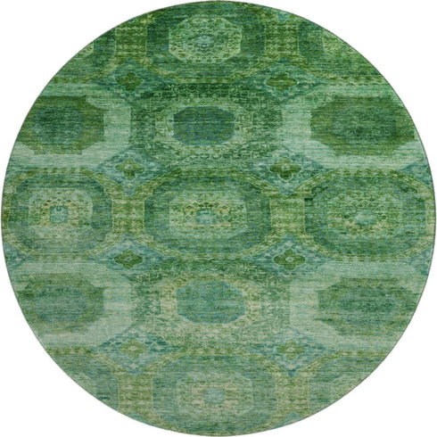 8' Emerald And Green Abstract Geometric Washable Round Rug With UV Protection