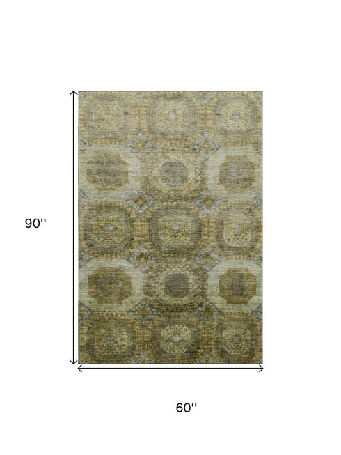 5' X 8' Gold Beige And Brown Abstract Geometric Washable Area Rug With UV Protection