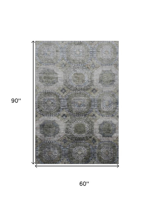 5' X 8' Coffee And Gray Abstract Geometric Washable Area Rug With UV Protection