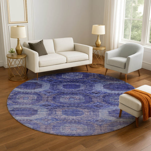 8' Purple And Lavender Abstract Geometric Washable Round Rug With UV Protection