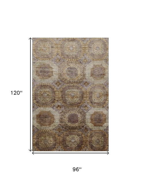 8' X 10' Rust Brown And Beige Abstract Geometric Washable Area Rug With UV Protection