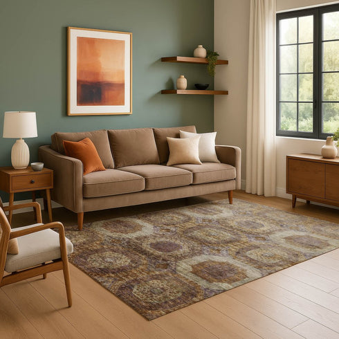 8' X 10' Rust Brown And Beige Abstract Geometric Washable Area Rug With UV Protection