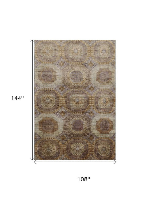 9' X 12' Rust Brown And Beige Abstract Geometric Washable Area Rug With UV Protection