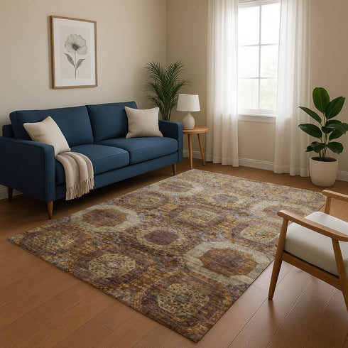 9' X 12' Rust Brown And Beige Abstract Geometric Washable Area Rug With UV Protection