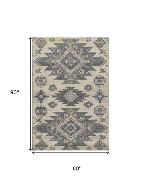 5' X 8' Beige Charcoal And Gray Tribal Washable Area Rug With UV Protection