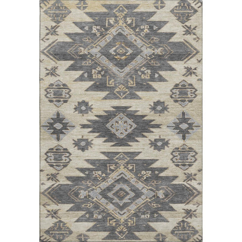 5' X 8' Beige Charcoal And Gray Tribal Washable Area Rug With UV Protection