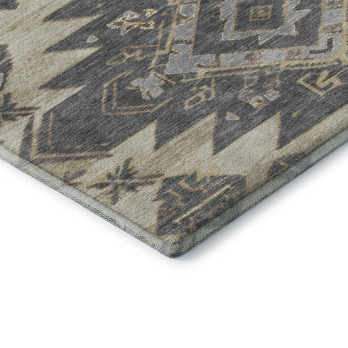 5' X 8' Beige Charcoal And Gray Tribal Washable Area Rug With UV Protection