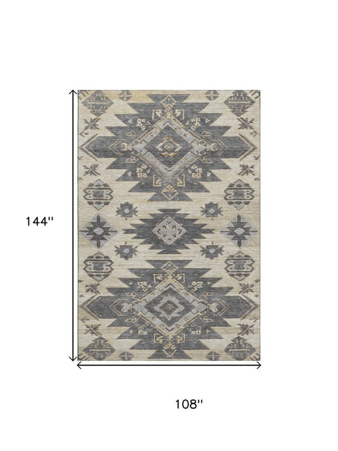 9' X 12' Beige Charcoal And Gray Tribal Washable Area Rug With UV Protection