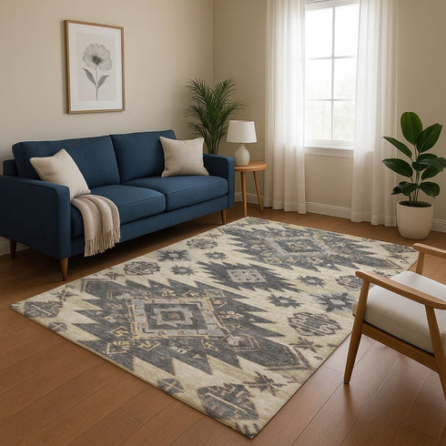 9' X 12' Beige Charcoal And Gray Tribal Washable Area Rug With UV Protection